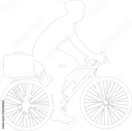 Profile vector outline of cyclist commuting with briefcase on bicycle rack Minimalist line art illustration of person riding bike wearing a helmet