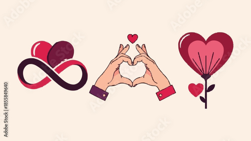 Diverse graphic set of love symbols infinity heart, hands making a heart, blooming floral heart, perfect for romance and emotional expression