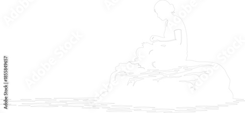 Minimalist outline drawing of a woman sitting on rocks by the water