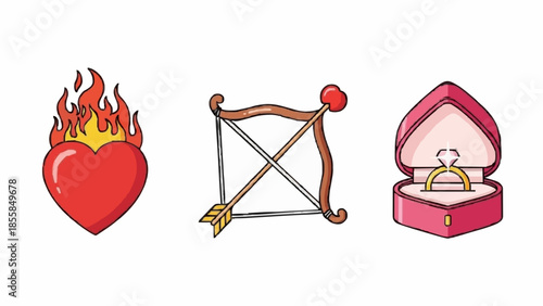 A vibrant collection of romantic vector icons, featuring a passionate flaming heart, a classic cupid's bow and arrow, and an elegant engagement ring in a pink box, perfect for love-themed designs