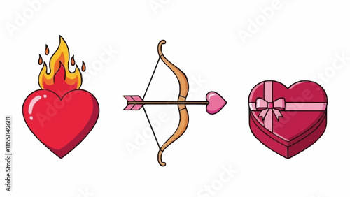 Collection of Valentine's Day symbols a flaming heart, Cupid's bow and arrow, and a heart-shaped gift box tied with a ribbon
