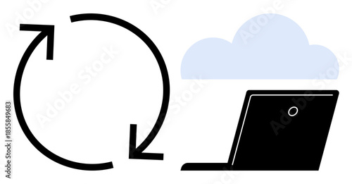 Data management, file sharing, cloud computing, backup processes, synchronization, and IT solutions. Graphic of a laptop, cloud and circular arrows. Cloud computing and data management concept