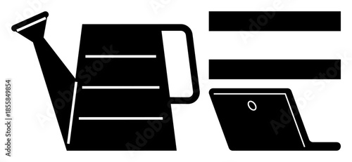 Watering can with progress lines beside a laptop and bars symbolizing growth, technology, and development. Ideal for concepts thumbs up productivity, innovation, progress, digital growth, nurturing