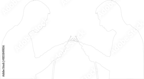 Mirrored line art of technicians connecting stripped wires Minimalist vector graphic for data networking and engineering