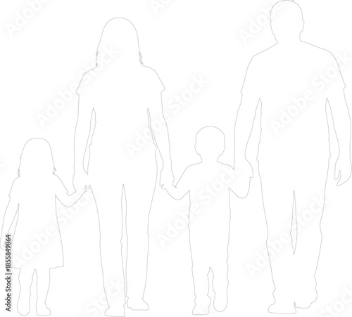 Minimalist Family of Four Outline Walking Holding Hands Vector Graphic