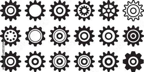 Gear icon vector set, black cogwheel vector collection, mechanical gear shapes, engineering symbols, industrial machinery, sprocket designs, abstract gearwheel graphics