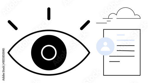 Vision, identity verification, data management, online security, cloud storage, data privacy. Features an eye symbol, a document with a profile icon and a cloud. Vision and identity verification