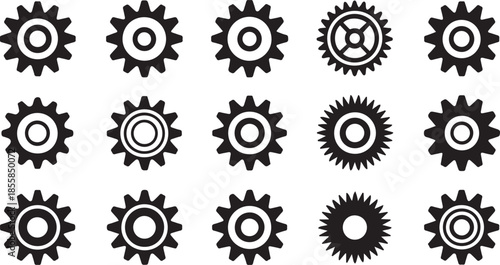 Gear icon vector set, black cogwheel vector collection, mechanical gear shapes, engineering symbols, industrial machinery, sprocket designs, abstract gearwheel graphics