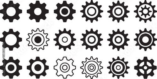 Gear icon vector set, black cogwheel vector collection, mechanical gear shapes, engineering symbols, industrial machinery, sprocket designs, abstract gearwheel graphics