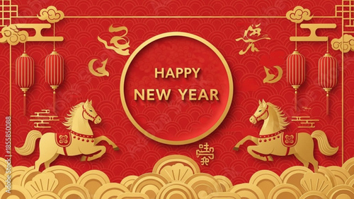 Happy new year celebration with golden horses, lanterns, and clouds on red background for chinese new year
