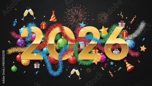 New year's eve celebration with colorful decorations and 2026 date, festive background with fireworks, confetti, balloons, and party hats for holiday