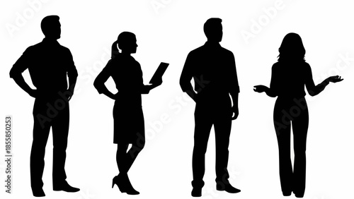 Four Business People Silhouettes Standing Together Isolated on White.