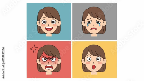 Four cartoon faces showing different emotions happiness sadness anger surprise.