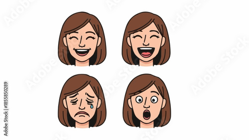 Four cartoon faces showing different emotions like happiness sadness surprise and laughter.