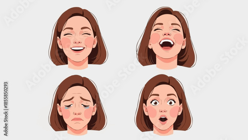 Four cartoon faces showing different emotions like happiness sadness surprise and laughter.