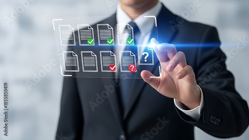 A businessman in a suit interacts with a futuristic digital interface displaying various icons and a prominent question mark symbol, set against a blurred background, from a close-up viewpoint.