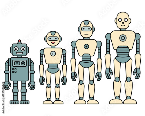 Four diverse robots stand in a row, illustrating a progression of technology and design.