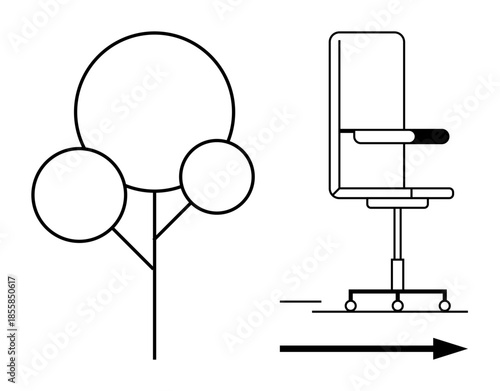 Workspace design, office furniture, urban planning, mobility, workplace organization, creativity. Office chair with wheels and tree shape side by side. Workspace design and office furniture concepts