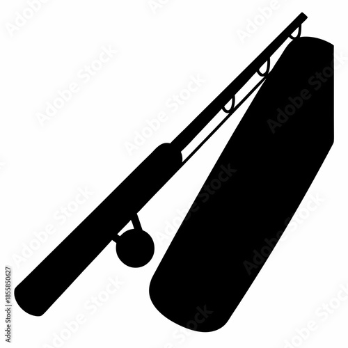 Monochrome silhouette of a fishing rod and tackle box against a white background