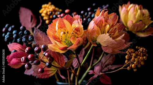 Vibrant Autumn Flowers with Rich Colors and Textures in a Dark Background Arrangement