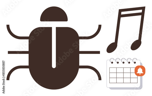 Bug, musical note, and calendar alert suggest a software or event error, notification, or debugging scenario. Ideal for programming, scheduling, reminders, alerts troubleshooting notifications