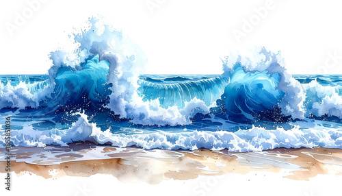 Watercolor depiction of ocean waves crashing onto a sandy beach, whitecaps and blue hues
