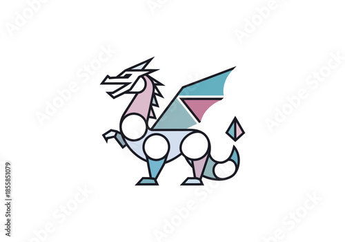 Geometric Dragon Illustration with Pastel Colors and Sharp Lines
