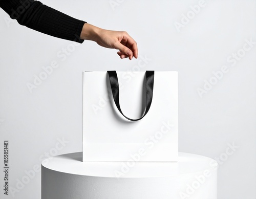 White shopping bag with black ribbon handles on a clean stand, a hand reaching in, ideal for premium retail, gift-giving, and product display concepts