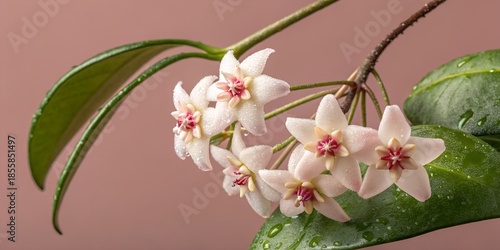 Cluster of waxy star shaped hoya flowers covered in water droplets with glossy green leaves against muted pink background