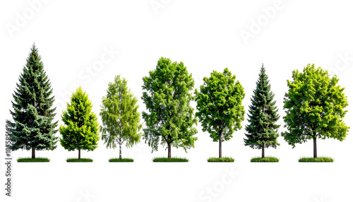 Diverse collection of seven vibrant trees of various types, isolated on a black background