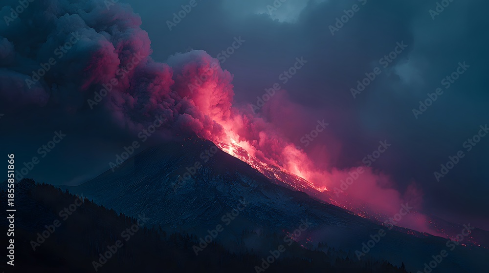 Fototapeta premium Dramatic night shot of a volcano erupting with rivers of glowing red lava flowing down the dark mountain slopes and thick smoke clouds.