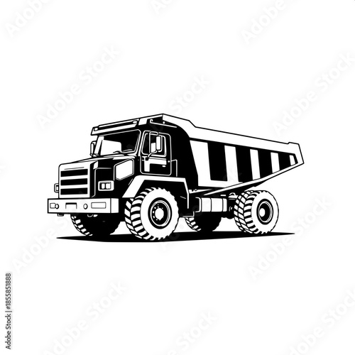 Graphic black and white dump truck artwork in a minimalist industrial style with crisp edges and mechanical symmetry, featuring a modern vector design with bold lines and geometric shapes, set against