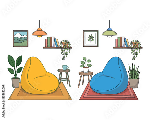 Two comfortable beanbag chairs are set up on rugs with plants and lamps in a room.