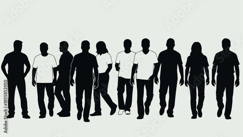 Group of diverse people walking together in silhouette against a white background.