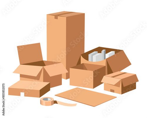 A collection of cardboard boxes, some open and some closed, with packing tape and flat pieces of cardboard.