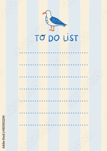 Vertical printable to-do list page with a seagull illustration on a pastel striped background. Includes dotted lines for writing tasks. Suitable for summer planners and journals.