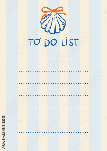 Vertical to-do list page with hand-drawn shell and bow on light striped background. Dotted lines for notes. Ideal for summer planners, journals, checklists, and printable stationery