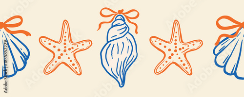Seamless horizontal marine border with alternating starfish and seashells tied with ribbons in orange and blue tones on a light background. Suitable for summer-themed designs and beach packaging.