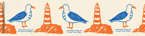 Seamless horizontal border with hand-drawn lighthouses on rocks, stylized blue seagulls and wave symbols on a light background. Suitable for sea-themed designs, wrapping, and invitations.