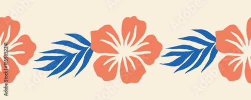 Seamless tropical floral border with repeating hibiscus flowers and palm leaves in coral and blue on a beige background. Suitable for summer invitations, fabric trims and tropical-themed designs.