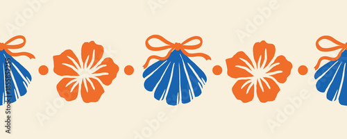 Seamless summer border featuring repeating hibiscus flowers, tied seashells and dots in coral and blue on a beige background. Suitable for seasonal invitations, packaging and coastal designs.