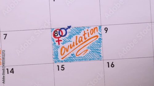 Paper calendar with handwritten reminder Ovulation on it. 