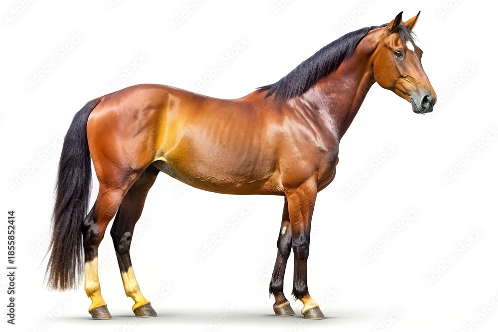 Fototapeta premium Magnificent brown horse with black mane standing in profile view isolated on white background