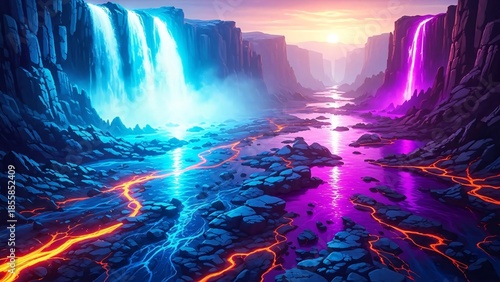 Fantasy landscape with glowing neon waterfalls and river flowing through a magical canyon