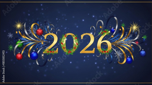 New year 2026 celebration, gold numbers, colorful ornaments and fireworks on dark blue background with snowflakes