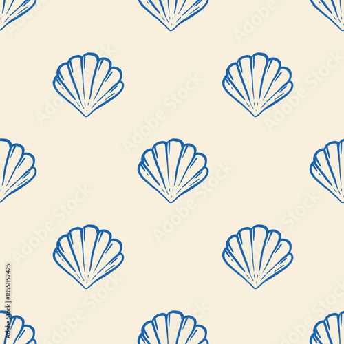 Scallop shells arranged in a seamless marine pattern. Blue shell drawings on a beige background create a calm nautical texture. Suitable for textiles, summer prints, packaging, and beach themes.