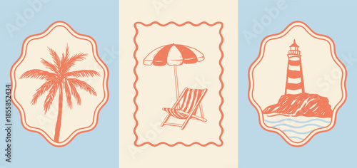 Three summer illustrations in retro-style coral color: palm tree, striped deckchair with umbrella, and lighthouse on a rock. Wavy frame layout. Great for stickers, cards, planners and journaling.