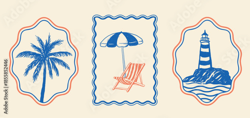 Three retro-style illustrations in blue and coral: palm tree, striped beach chair with umbrella, and lighthouse on rock. Vintage sticker layout in wavy frames. Perfect for planners