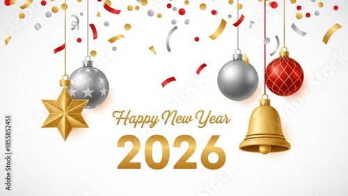 Happy new year 2026 celebration with hanging ornaments and confetti on white background