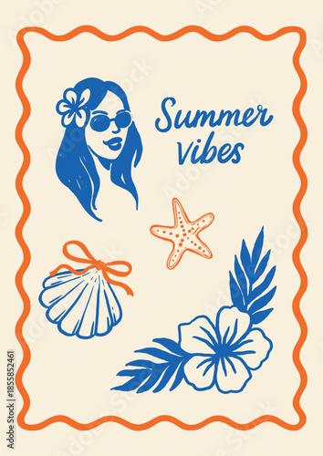 Colorful tropical composition with girl in sunglasses, shell with bow, hibiscus flower and starfish in wavy frame. Hand-drawn summer label for cards, posters, planners, and journals.